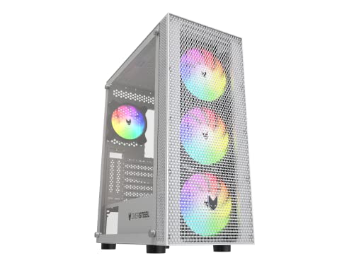 Oversteel - Azurite Gaming PC-Gehäuse, kompatibel mit ATX-, Micro ATX- und ITX-Boards, 4 120mm A-RGB-Lüfter, Mesh-Front, vertikaler Einbau, gehärtetes Seitenglas, USB 3.0, Weiß von Oversteel