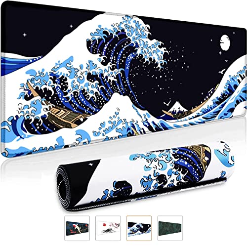 Gaming Mauspad XXL 800 x 300 mm Japan Art Kanagawa Surfen und Schwarz Mousepad Groß Vernähte Kanten Wasserdicht Anti-Rutsch für PC, MacBook,Laptop von Owege