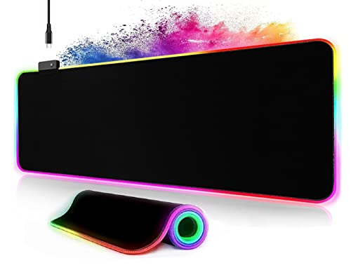 Gaming Mauspad XXL 800 x 300mm RGB Mousepad groß mit 14 Beleuchtungs Modi 7 LED Farben Vernähte Kanten Wasserdicht Anti-Rutsch,Verbessert Präzision | Komplett Schwarz von Owege