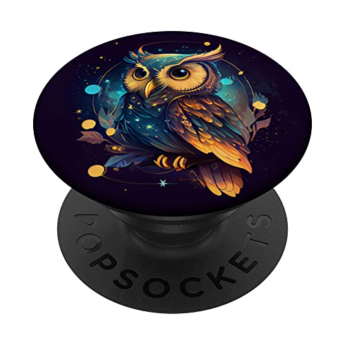 Owl Celestial Merch Nette Eule Himmlische Elemente Illustration PopSockets Klebender Pop-Griff für Smartphones in Schwarz von Owl Celestial Merch