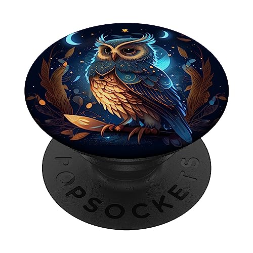 Owl Celestial Merch Nette Eule Himmlische Elemente Illustration PopSockets Klebender PopGrip Schwarz von Owl Celestial Merch