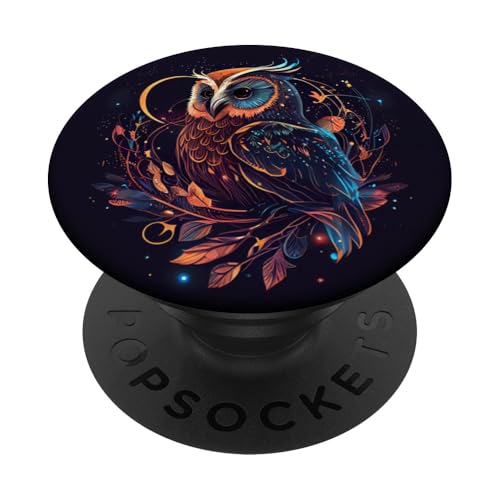Owl Celestial Merch Niedliche Eule mit himmlischen Elementen PopSockets Klebender PopGrip Schwarz Owl Celestial Merch Niedliche Eule mit himmlischen Elementen PopSockets Klebender PopGrip Schwarz von Owl Celestial Merch