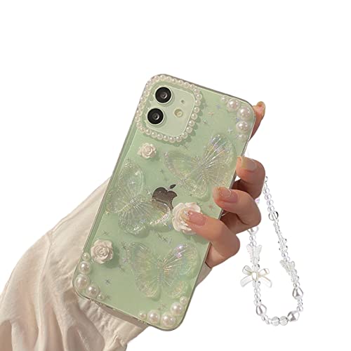 Ownest Handyhülle Kompatibel iPhone 11 Hülle Schmetterling Blume Transparent Design Aesthetic Frauen Mädchen Glitzer Kristall mit Süßes Perlenkette von Ownest