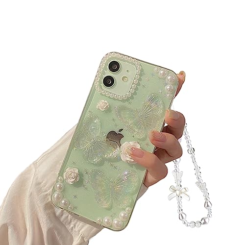 Ownest Handyhülle Kompatibel iPhone 13 Mini Hülle Flash Schmetterling Blume Transparent Design Aesthetic Frauen Mädchen Glitzer Kristall mit Süßes Chain TPU Case für iPhone 13 Mini + Perlenkette von Ownest