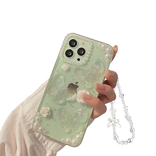 Ownest Handyhülle Kompatibel iPhone 14 Pro Hülle Flash Schmetterling Blume Transparent Design Aesthetic Frauen Mädchen Glitzer Kristall mit Süßes Chain TPU Case für iPhone 14 Pro + Perlenkette von Ownest