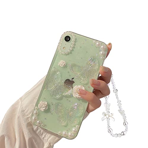 Ownest Handyhülle Kompatibel iPhone XR Hülle Schmetterling Blume Transparent Design Aesthetic Frauen Mädchen Glitzer Kristall mit Süßes Chain Case + Perlenkette von Ownest