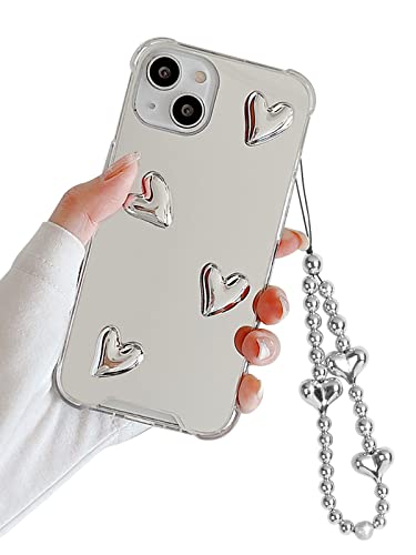 Ownest Kompatibel für iPhone 11 Hülle mit Spiegel TPU PC Rückseite Niedlich 3D Silber Herz Plating Design Ästhetisch für Mädchen Weiche TPU Schutzhülle Slim Stoßfest Cover + Herz Plating Kette von Ownest