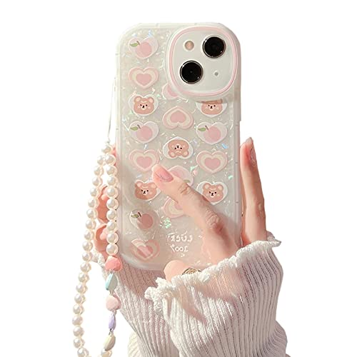 Ownest Kompatibel iPhone 15 Hülle mit Perlen Armband Design Cute Love Frauen Süßes Bär Liebe Herzen Muster Glitter Pearl Aesthetic Handyhülle Kameraschutz Case für iPhone 15 von Ownest