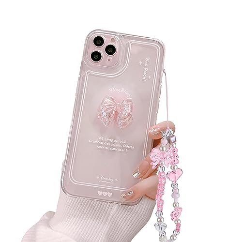 Ownest Kompatibel mit iPhone 11 Pro Max Hülle Cute 3D Rosa Schleife Transparent Aesthetic Süßes Design Handyhülle Frauen Mädchen Kamera Objektiv Schutzhülle + Glitter Bow Crystal Kette von Ownest