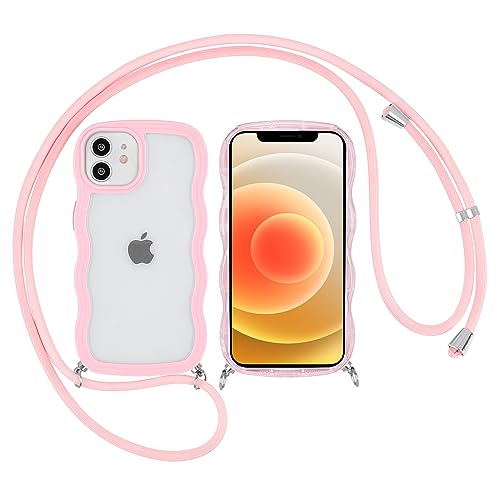 Ownest Kompatibel mit iPhone 12 Hülle und iPhone 12 Pro Hülle mit Band Handykette Süßes Farbe Wave Transparent Aesthetic Design mit Lanyard Handyhülle TPU Phone Case Schutzhülle - Pink von Ownest