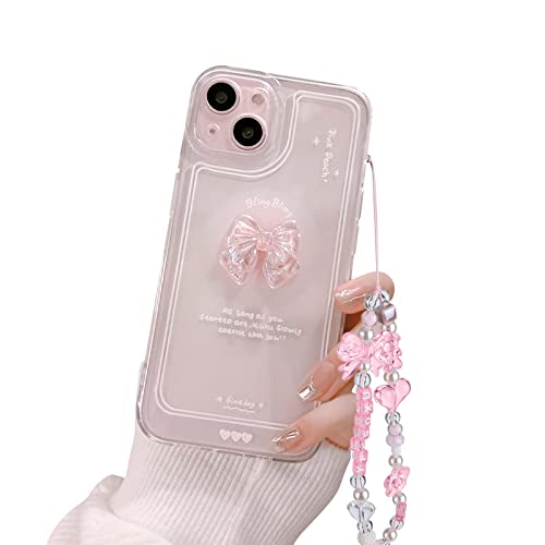 Ownest Kompatibel mit iPhone 13 Hülle Cute 3D Rosa Schleife Transparent Aesthetic Süßes Design Handyhülle Frauen Mädchen Teen Girls Kamera Objektiv Schutzhülle + Glitter Bow Crystal Kette von Ownest