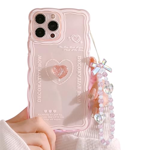 Ownest Kompatibel mit iPhone 13 Pro, niedliches 3D-rosa Herz, schlankes, klares ästhetisches Design, für Damen, Teenager, Mädchen, Kameralinsenschutz, Handyhüllen + rosa Handy-Anhänger von Ownest