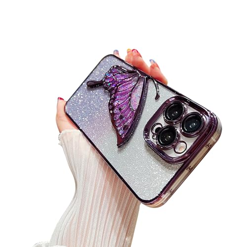 Ownest Kompatibel mit iPhone 14 Pro Hülle mit luxuriösem Glitzer, niedliches Schmetterlings-Plating Design, ästhetisch, für Frauen, Teenager, Mädchen, Handyhüllen, Kameraschutz, stoßfeste Abdeckung, von Ownest