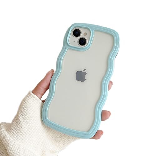 Ownest Kompatibel mit iPhone 15 Plus Hülle, Curly Case Transparent Aesthetic Silikon Süßes Wave Frame Shape TPU Bumper Einfach Wellen Design für Men Girls Handyhülle für iPhone 15 Plus - Blau von Ownest