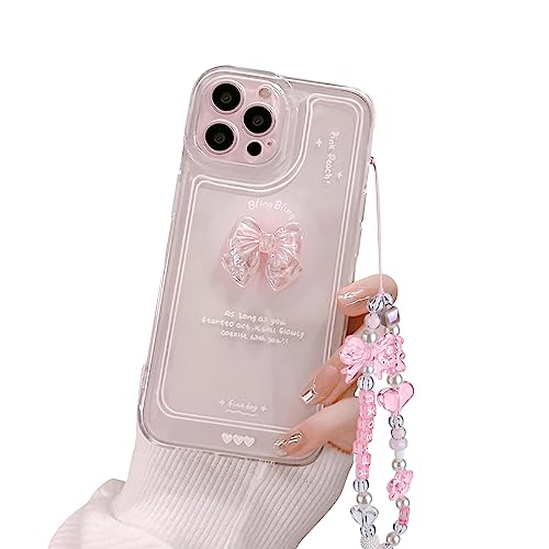 Ownest Kompatibel mit iPhone 15 Pro Hülle Cute 3D Rosa Schleife Transparent Aesthetic Süßes Design Handyhülle Frauen Mädchen Teen Girls Kamera Objektiv Schutzhülle + Glitter Bow Crystal Kette von Ownest