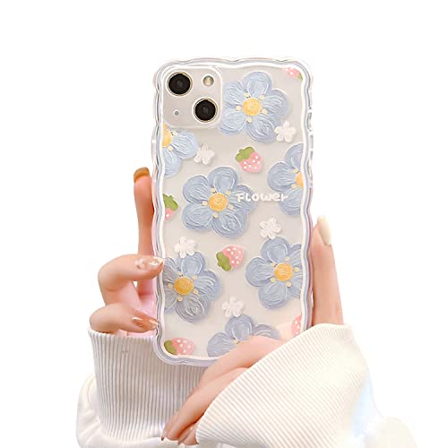 Ownest Transparente Schutzhülle für iPhone 13, kompatibel mit iPhone 13, mit Blume, süßes Erdbeer-Spitzen-Design, für Mädchen und Frauen, TPU, schlank, stoßfest, Blumenmuster, Blau von Ownest