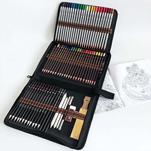 72 Buntstifte Bleistift Set mit zeichen set professionell in Premium Black Zipper Case,Enthält Zeichenstift Skizzierstifte Graphitstift Kohlestifte für Kinder Erwachsene Künstler von Ownsun