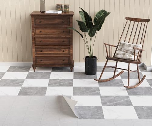 Oxdigi PVC Bodenbelag Selbstklebende 6 m², Marmoroptik Vinylboden Bodenfliesen für Eingangstür, Wohnzimmer, Küche, Abstellraum, Zuschneidbar Vinyl-Fußböden 0,6 x 10 m Grau Weiß Schachbrettmuste von Oxdigi