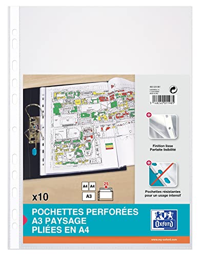 ELBA Transparente und gelochte Prospekthüllen, A3-Format, Querformat, 10 Stück A3 - Landschaft, gefaltet (geeignet für A4-Ordner) A3 paysage plié (compatible classeur A4) Incolore/Blanche von Oxford