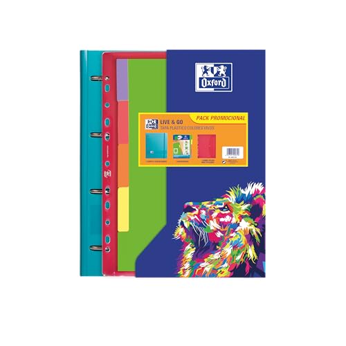 OXFORD Europeanbinder Ordner mit 4 Ringen, A4, mit 5 x 5 kariertem Nachfüllpack und 5 lebhaften Farben von Bändern, fester Kunststoffdeckel, enthält einen Umschlag mit Mehrfachlochung und von Oxford