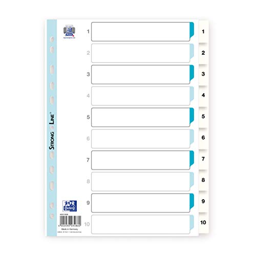 Oxford 400013908 Kunststoff-Register Strong-Line 10er Pack 1-10 10-teilig für DIN A4 Plastikregister mit beschriftbarem Deckblatt weiß Ringbuch Ordner Ring-Mappe von Oxford