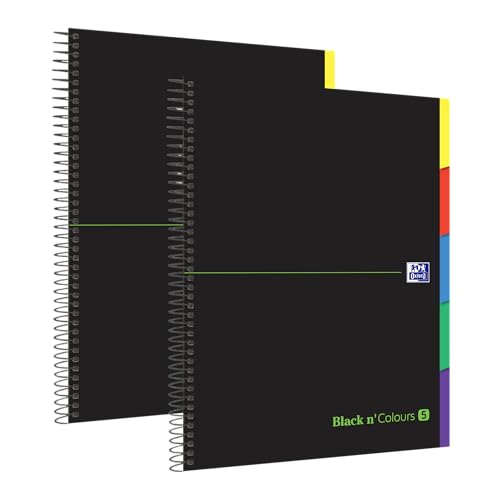 Oxford Black N'Colours Notizbücher A4+, mikroperforiert, 5 Register, extra Hardcover, 100 Blatt, 90 g, 5 x 5, 2 Stück von Oxford