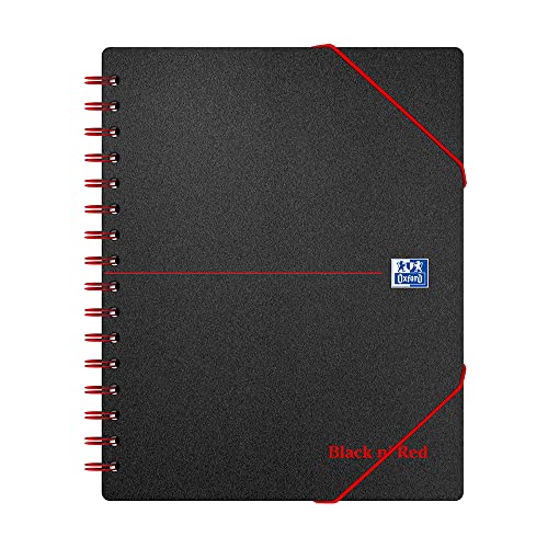 Oxford Black N' Red Notizbuch für Meetings, A5, spiralgebunden, Einband aus Polypropylen, perforiert, elastisches Geldfach, aufklappbarer Einband, Schwarz von Oxford