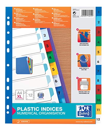 Oxford Kunststoff- Register "Strong Line", DIN A4 XL, 1-12, 6-farbig, 25er Pack von Oxford