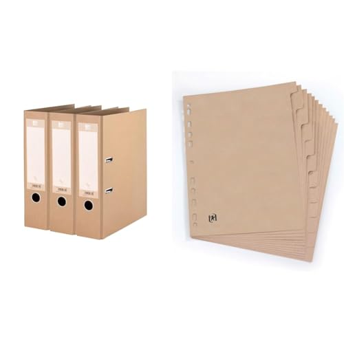 Oxford Ordner A4, gut für die Umwelt, in beige, 3er Pack & Touareg Register aus A4, aus Recycling-Karton, 12 Taben, beige, 1 Register von Oxford