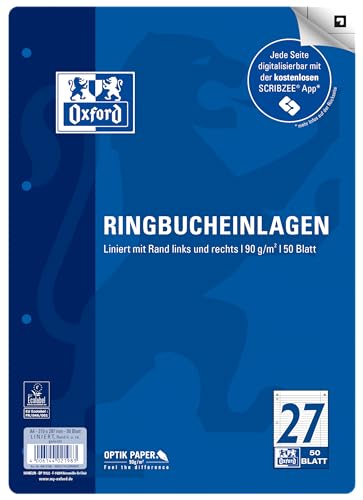 Oxford Ringbucheinlagen A4 liniert mit Doppelrand, Lineatur 27, 50 Blatt von Oxford