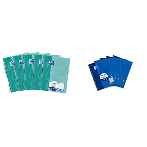 Oxford Schule Collegeblock, 5er Pack, DIN A5, punktkariert, grünblau & Collegeblock A5 kariert, mit Rand links, 80 Blatt, blau, 5 Stück von Oxford