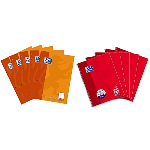 Oxford Schule Klausuren-Block A4, liniert mit Rand, 50 Blatt, orange, 5er Pack & Collegeblock A4 kariert, 80 Blatt, Rot, 5er Pack von Oxford