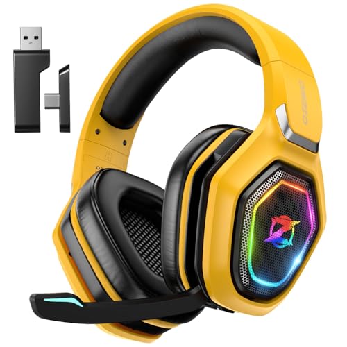 Ozeino Gaming Headset für Ps4 Ps5 PC, Ps5 Headset mit 2.4GHz Wireless Bluetooth Noise Cancelling, 30 Stunden Akkulaufzeit, Lightweight, Gelb Und Schwarz von Ozeino