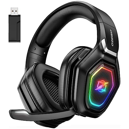 Ozeino Kabelloses Gaming-Headset mit Mikrofon, 2,4 G & Typ-C-Sender, 30 Stunden Akkulaufzeit, RGB-Beleuchtung Gaming-Kopfhörer für PS5, PS4, PC, Telefon von Ozeino