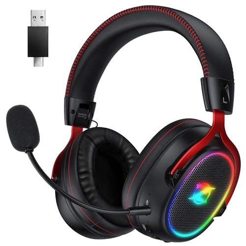 Ozeino 2.4GHz Wireless Gaming Headset, 7.1-Surround-Sound，ENC Abnehmbares Mikrofon Mit Geräuschunterdrückung, Für PS4/PC/PS5 Headset Mit Mikrofon, Schwarz Und Rot von Ozeino