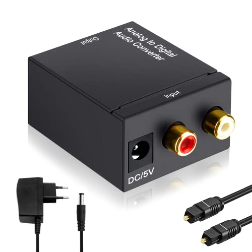 Ozvavzk Analog zu Digital Audio Konverter Analog Digital Wandler R/L RCA Cinch to SPDIF Toslink Optischer Koaxial AD Wandler Analog auf Digital Audio Adapter mit Optischem Kabel und Netzteil 5V/DC von Ozvavzk