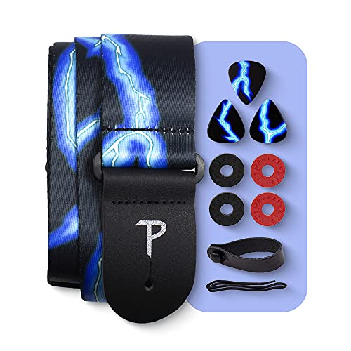 Perri's Leathers Ltd. - Set - Polyester-Gitarrengurt - Blaue Blitze - BONUS - 3 Plektren 0,71mm - 1 Leder-Akustik-Adapter - 4 Gurt- & Riemenverschlüsse (LPCP-46-PKG) von P Perri's Leathers Ltd.