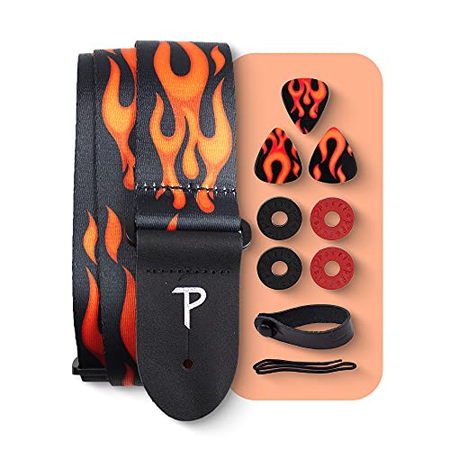 Perri's Leathers Ltd. - Set - Polyester-Gitarrengurt - Flamme - BONUS - 3 Medium Plektren 0,71mm - 1 Leder-Akustik-Adapter - 4 Gurt- & Riemenverschlüsse (LPCP-702-PKG) von P Perri's Leathers Ltd.