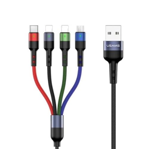 P4Y 4-in-1 Kabel kompatibel mit 2xLightning/microUSB/USB-C zum Laden und zur Datenübertragung 2A Smart Chip Material: Nylongewebe + Aluminiumlegierung, 0,35m schwarz US-SJ411 U26 von P4Y