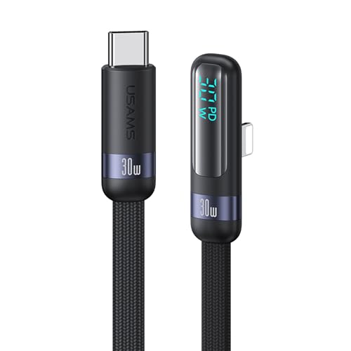 P4Y Kabel kompatibel mit Lightning zu USB-C zum Laden und zur Datenübertragung PD30W 480Mbps mit digitaler Anzeige und L-förmigem/90 Grad Stecker, Wind series 1.2m schwarz US-SJ652 von P4Y