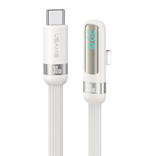 P4Y Kabel kompatibel mit Lightning zu USB-C zum Laden und zur Datenübertragung PD30W 480Mbps mit digitaler Anzeige und L-förmigem/90 Grad Stecker, Wind series 1.2m weiß US-SJ652 von P4Y