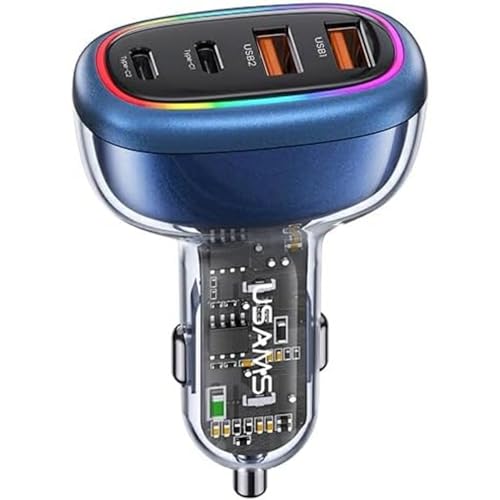 P4Y Schnelles Autoladegerät US-CC169 C34 mit farbigem Licht 4 Ports 2X USB-C 2X USB-A Schnelles Laden PD30W+QC3.0 AACC 120W Laden von 4 Geräten gleichzeitig (Hellblau) von P4Y