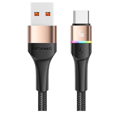 P4Y USB-C Kabel US-SJ536 U76 für Schnellladung und Datenübertragung 6A mit farbigem Licht Material: Aluminiumlegierung + TPE + geflochtenes Kabel Datenübertragung: 480 mbps. 1,2m Gold von P4Y
