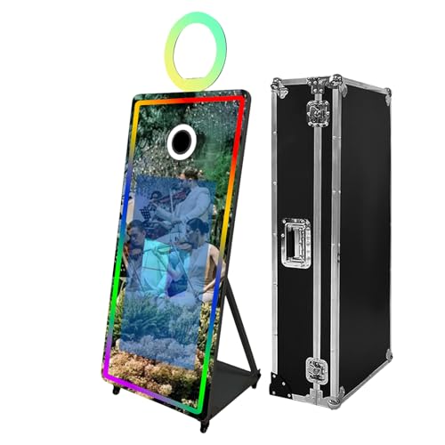 Magischer Spiegel für Selfie-Fotoautomaten, 109,2 cm (43 Zoll) Touchscreen, RGB-Ringlichter und LED-Rahmen, tragbar für Hochzeiten, Partys, Veranstaltungen, Flugkoffer (schwarz, 165,1 cm (43 Zoll) von PAAFNN