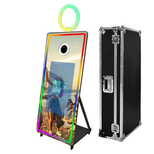 Tragbarer Spiegel-Fotokabine, magischer Spiegel, Selfie-Photoautomaten-Ständer, Maschine, Touchscreen mit Ringlicht und Trolley-Flugtasche für Partys (Schwarz, 165,1 cm (32 Zoll) Bildschirm)) von PAAFNN