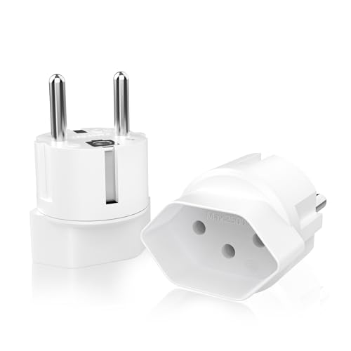 Reiseadapter, 2er Pack Schweiz auf EU Reisestecker Adapter 3 Pin Schweiz auf 2 Pin DE/FR/IT/ES Adapterstecker Typ J Schuko Adapter (2 Weiß) von PABANCE
