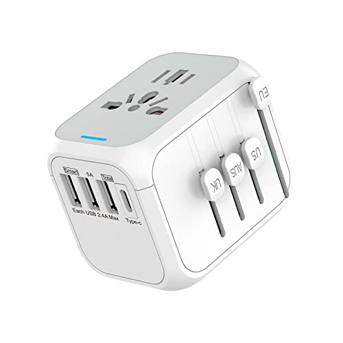 Reiseadapter Weltweit, Universal Steckdosenadapter Internationaler mit Kontrollleuchte Weltweit Unterstützt 3 USB und 1 Typ-C Reisestecker Adapter für Reise und Anschluss for EU UK AUS Asia Weiß von PABANCE