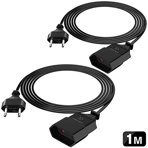 Verlängerungskabel 1m 2 Packs, Netzkabel 2 Polig, PABANCE Dünnes Stromkabel Verlängerung Flach 250V Typ-C Eurostecker auf Typ-C Euro Buchse TV Computer Monitor Beamer Lampe Haushaltsgeräte, Schwarz von PABANCE