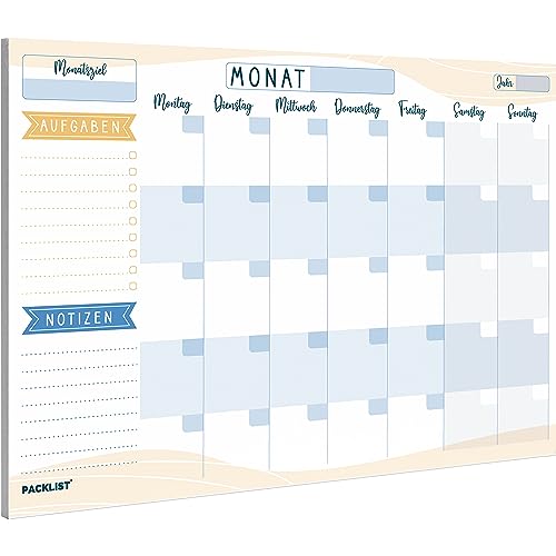 PACKLIST® Monatsplaner Block A4 ohne Festes Datum. Terminplaner, Familienplaner mit Monatsziel, To-Do-Liste, Notizen, großem Notizfeld - Exklusive Kalender mit ECO-Verpackung von PACKLIST