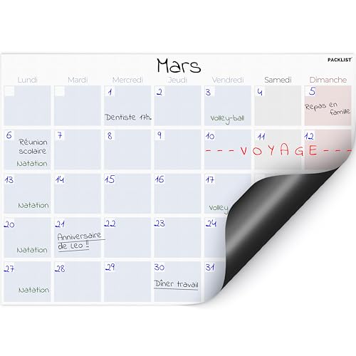 PACKLIST Magnetischer Monatsplaner für den Kühlschrank in Französisch. Magnetischer Monatsplaner A4 mit buntem Design – Organisieren Sie Ihr Leben, Ihre Arbeit und Ihre täglichen Aktivitäten. Nutzen von PACKLIST